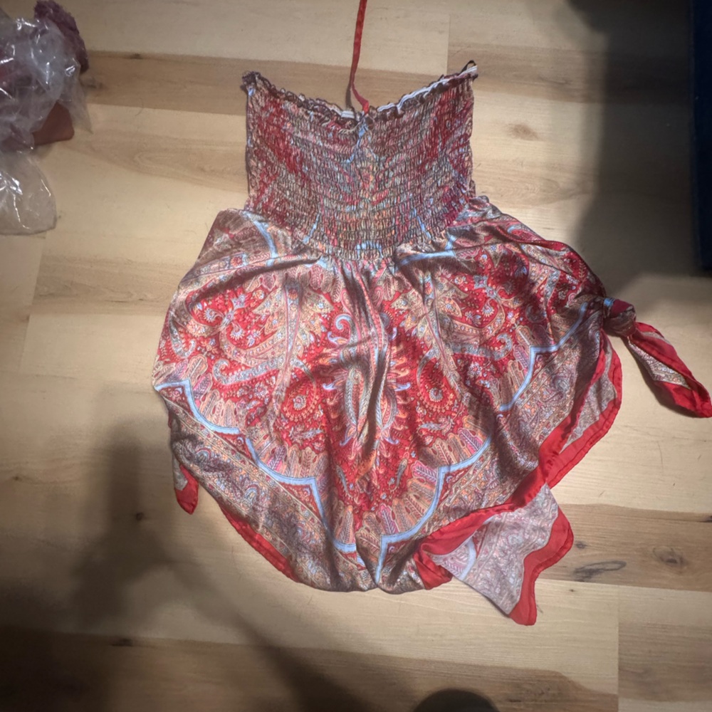 Advance Apparels Red Paisley Smocked Top with Blue Accents